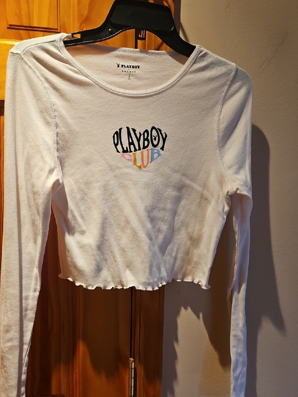 PLAYBOY White Long Sleeve Cropped Top with Multicolor Logo